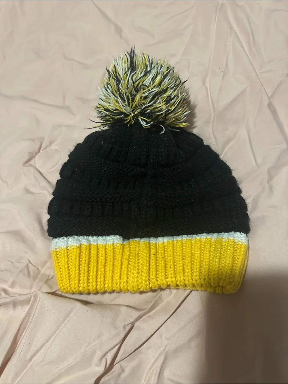 C.C Kids Pom Beanie Hat - Black, Yellow & White